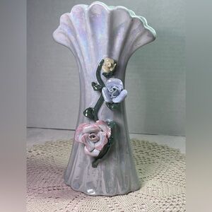 Vintage Lusterware Raised Relief Pink Roses & Stems Vase, Ceramic
